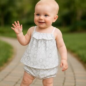 Acoustic Girls Dress Outfit Size 3-6 Months Gauze Brown Off White Cotton Print